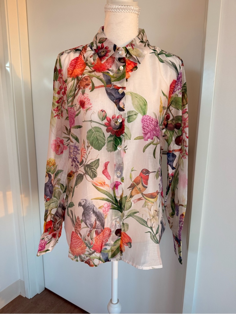 Floral & Bird Print Button-Up Blouse - White Multi